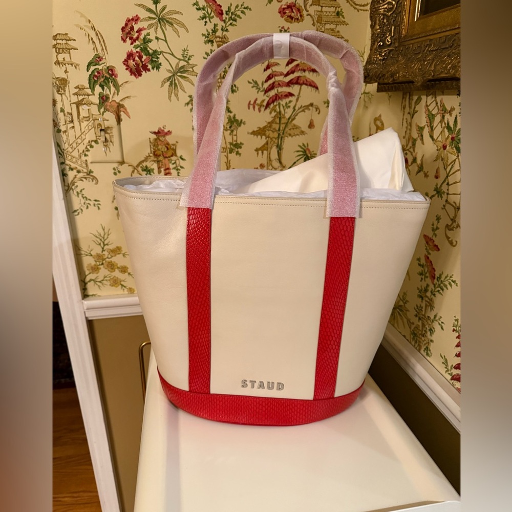 STAUD Cream and Red Rose Allora Tote